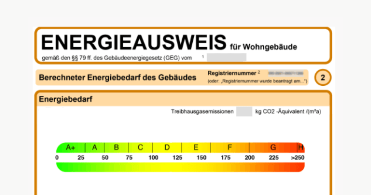 Energieausweis für Wohngebäude mit Energieeffizienz-Skala von A+ (sehr effizient) bis H (wenig effizient)