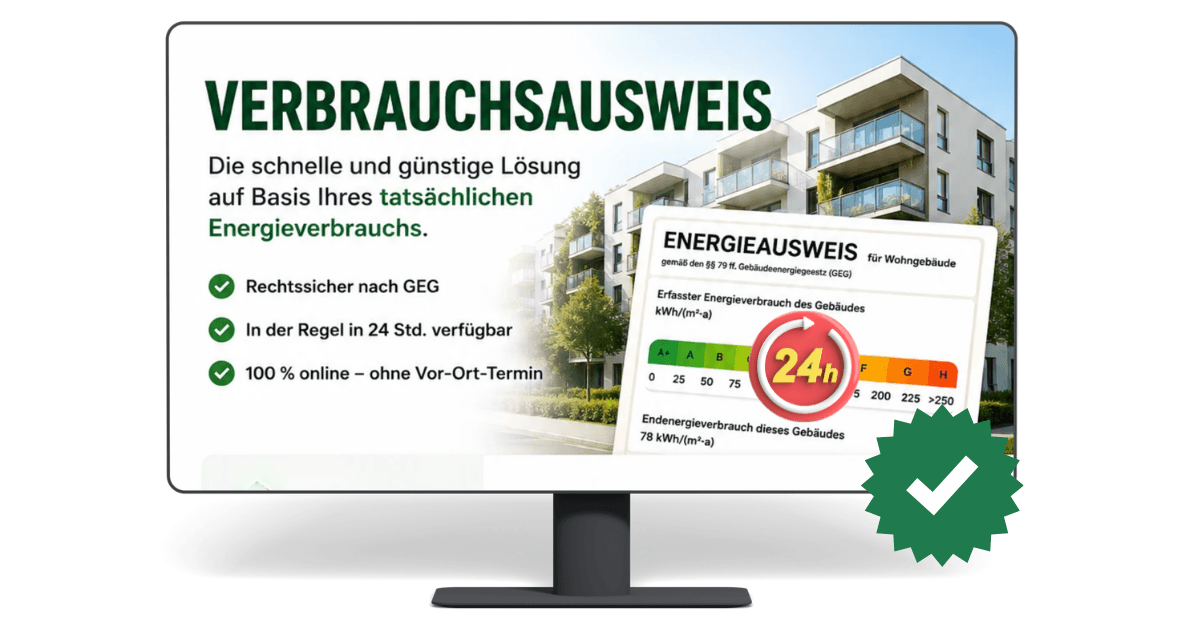 Verbrauchsausweis online erstellen — rechtssicher nach GEG, in der Regel in 24 Stunden, 100 % online ohne Vor-Ort-Termin